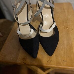 Sophisticated Blue, Gray, and White High Heels with Ankle Strap